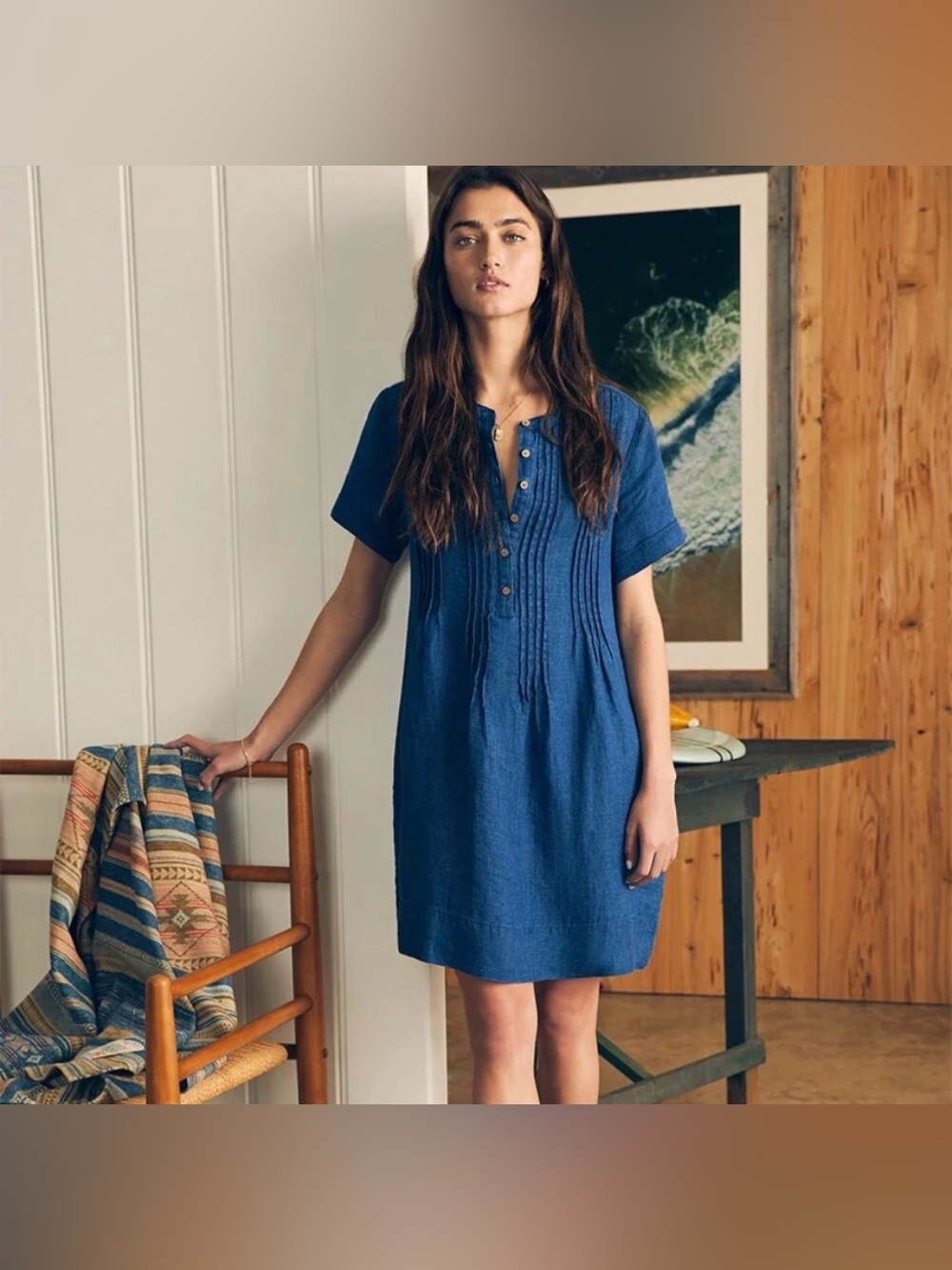 Faherty Gemima Basketweave Short 100% Linen Indigo Blue Dress with Pockets EUC
